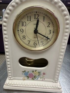 Lenox White Ceramic Mantel Clock with Pastel Floral Motif and Gold Bezel